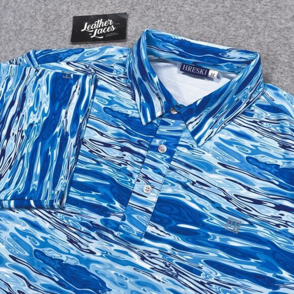 Hreski Golf Polo Shirt Mens Medium Blue White Water Waves‎ 124 Soft Performance